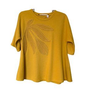 Chelsea & Violet Top XS Mustard Yellow Cross Stitch‎ Leaves A-Line Sweatshirt
